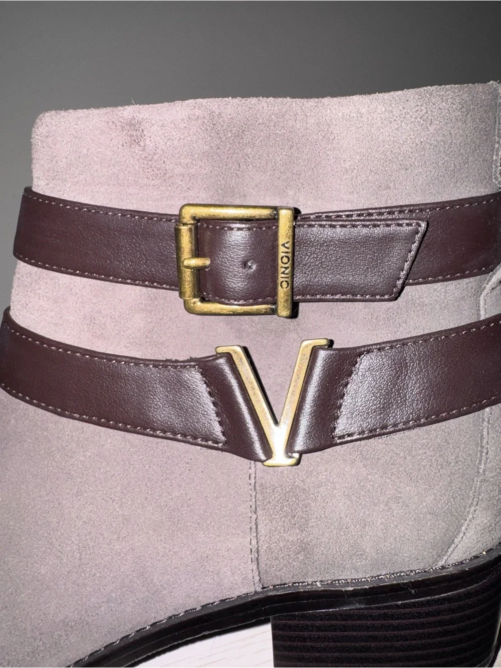Vionic Tan Suede Ankle Boots with Dark Brown Straps